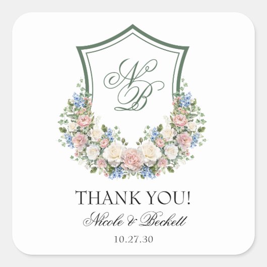Dusty Blue Floral Crest Wedding Bedankt Vierkante Sticker (Voorkant)