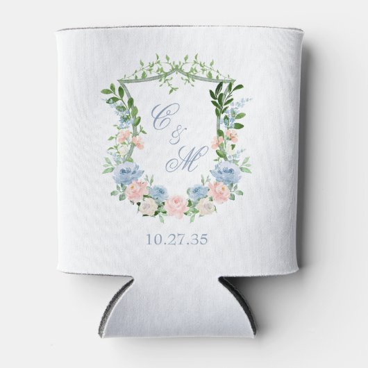Dusty Blue Floral Crest Wedding Blikjeskoeler (Voorkant)