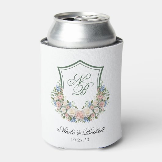 Dusty Blue Floral Crest Wedding Cooler (Blikje Voorkant)