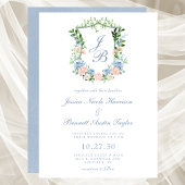 Dusty Blue Floral Crest Wedding Invitation Kaart