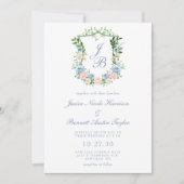 Dusty Blue Floral Crest Wedding Invitation Kaart (Voorkant)
