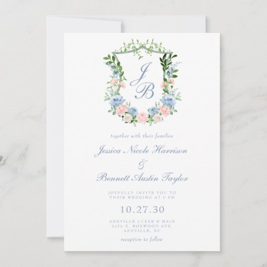 Dusty Blue Floral Crest Wedding Invitation Kaart (Voorkant)