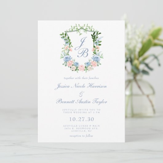 Dusty Blue Floral Crest Wedding Invitation Kaart (Staand voorkant)
