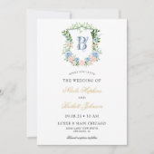 Dusty Blue Floral Crest Wedding Kaart (Voorkant)