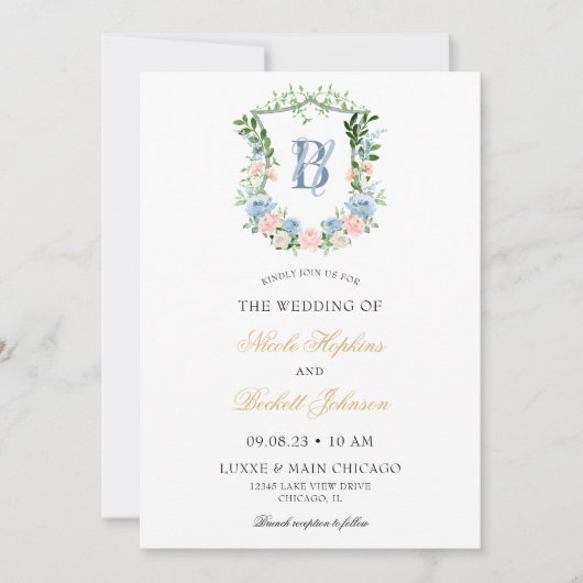 Dusty Blue Floral Crest Wedding Kaart (Voorkant)
