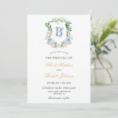 Dusty Blue Floral Crest Wedding Kaart (Staand voorkant)
