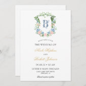Dusty Blue Floral Crest Wedding Kaart (Voorkant / Achterkant)