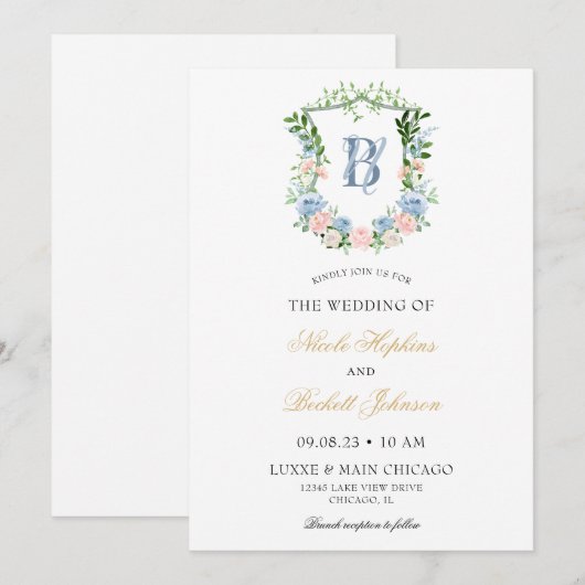 Dusty Blue Floral Crest Wedding Kaart (Voorkant / Achterkant)