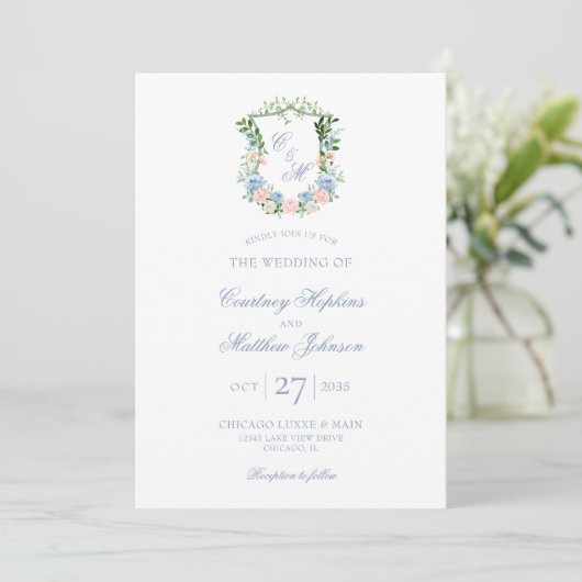 Dusty Blue Floral Crest Wedding Kaart (Staand voorkant)