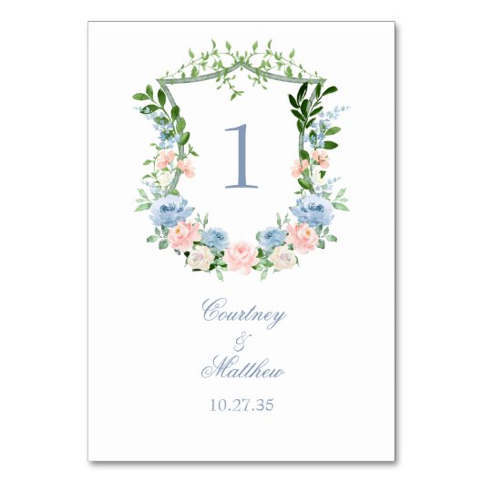 Dusty Blue Floral Crest Wedding Kaart (Voorkant)