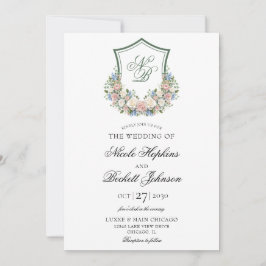 Dusty Blue Floral Crest Wedding Kaart