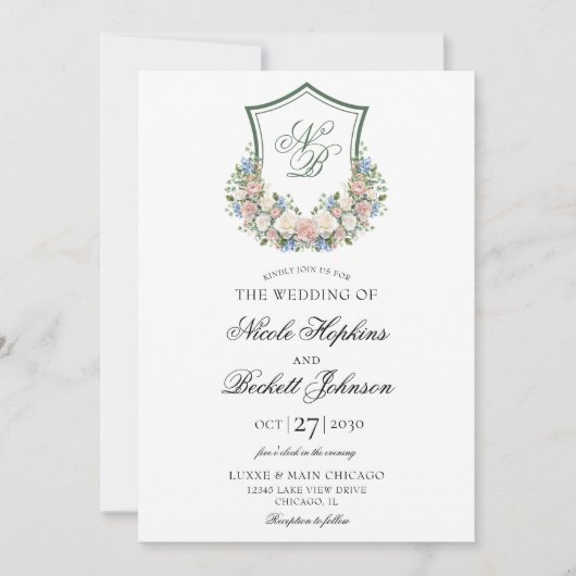 Dusty Blue Floral Crest Wedding Kaart (Voorkant)