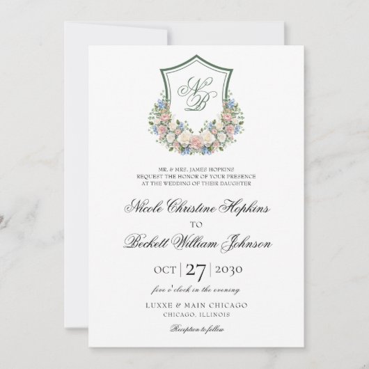 Dusty Blue Floral Crest Wedding Kaart (Voorkant)