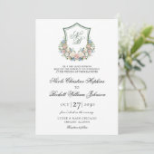 Dusty Blue Floral Crest Wedding Kaart (Staand voorkant)