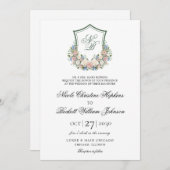 Dusty Blue Floral Crest Wedding Kaart (Voorkant / Achterkant)
