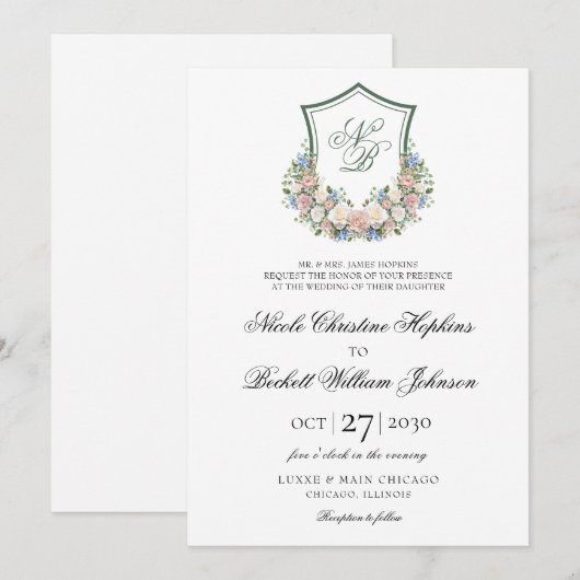 Dusty Blue Floral Crest Wedding Kaart (Voorkant / Achterkant)