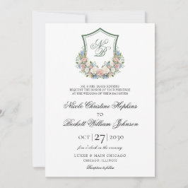 Dusty Blue Floral Crest Wedding Kaart