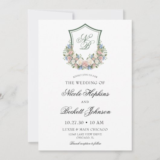 Dusty Blue Floral Crest Wedding Kaart (Voorkant)