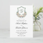 Dusty Blue Floral Crest Wedding Kaart (Staand voorkant)