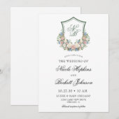 Dusty Blue Floral Crest Wedding Kaart (Voorkant / Achterkant)