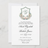 Dusty Blue Floral Crest Wedding Kaart (Voorkant)