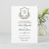 Dusty Blue Floral Crest Wedding Kaart (Staand voorkant)