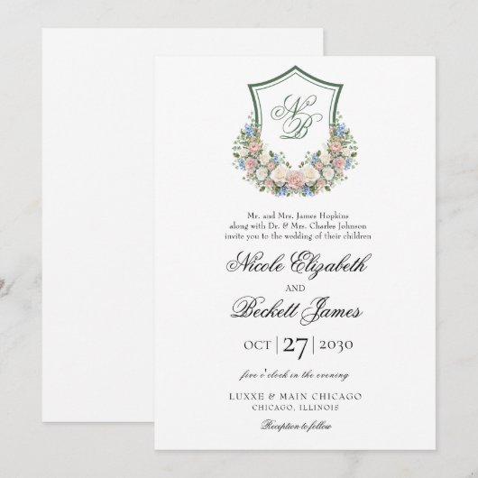 Dusty Blue Floral Crest Wedding Kaart (Voorkant / Achterkant)