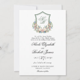 Dusty Blue Floral Crest Wedding Kaart