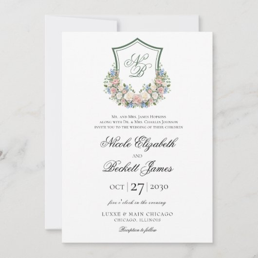 Dusty Blue Floral Crest Wedding Kaart (Voorkant)