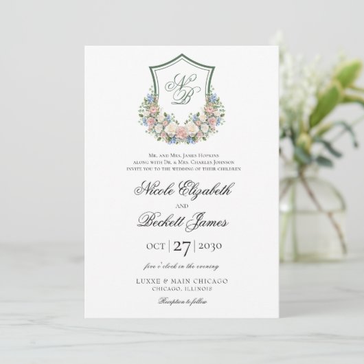 Dusty Blue Floral Crest Wedding Kaart (Staand voorkant)
