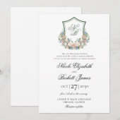 Dusty Blue Floral Crest Wedding Kaart (Voorkant / Achterkant)