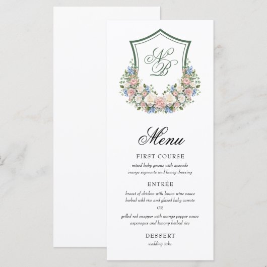 Dusty Blue Floral Crest Wedding Menu (Voorkant / Achterkant)