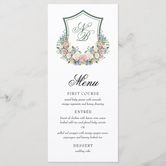 Dusty Blue Floral Crest Wedding Menu (Voorkant)