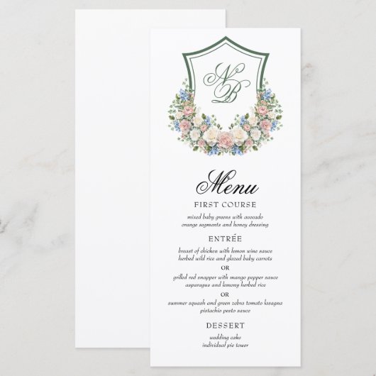 Dusty Blue Floral Crest Wedding Menu (Voorkant / Achterkant)