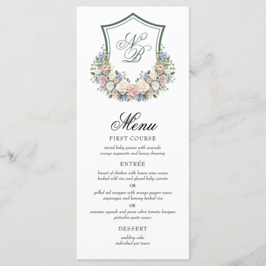 Dusty Blue Floral Crest Wedding Menu