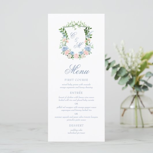 Dusty Blue Floral Crest Wedding Menu (Staand voorkant)