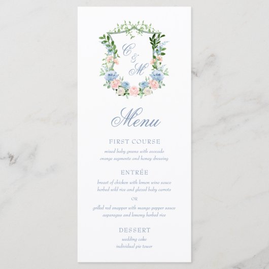 Dusty Blue Floral Crest Wedding Menu (Voorkant)