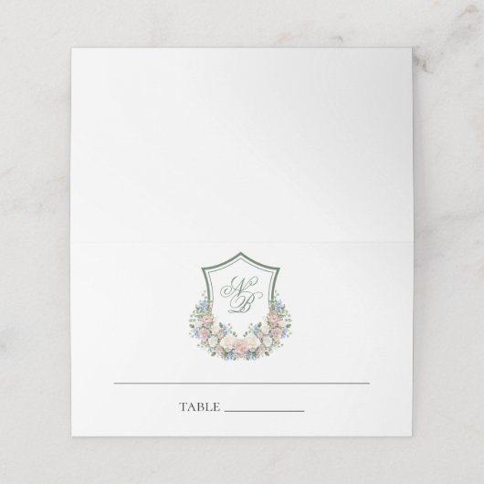 Dusty Blue Floral Crest Wedding Plaatskaartje (Buitenkant ongevouwen)