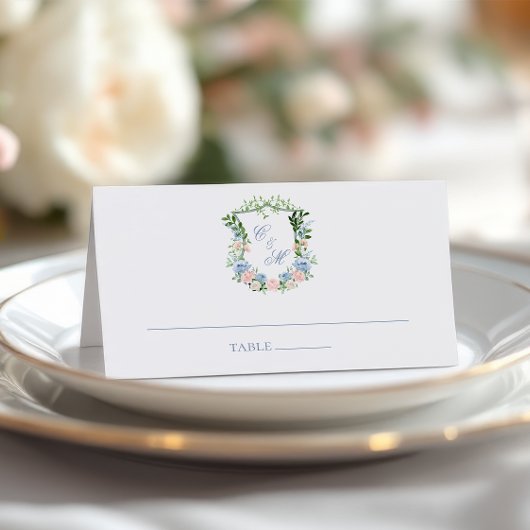 Dusty Blue Floral Crest Wedding Plaatskaartje