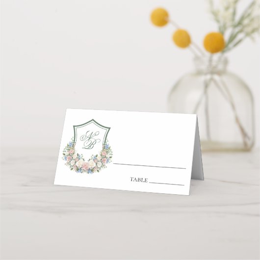 Dusty Blue Floral Crest Wedding Place Card Plaatskaartje (Voorkant)