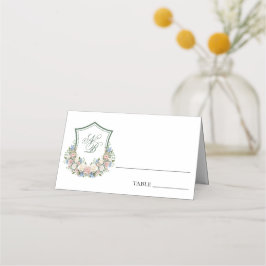 Dusty Blue Floral Crest Wedding Place Card Plaatskaartje