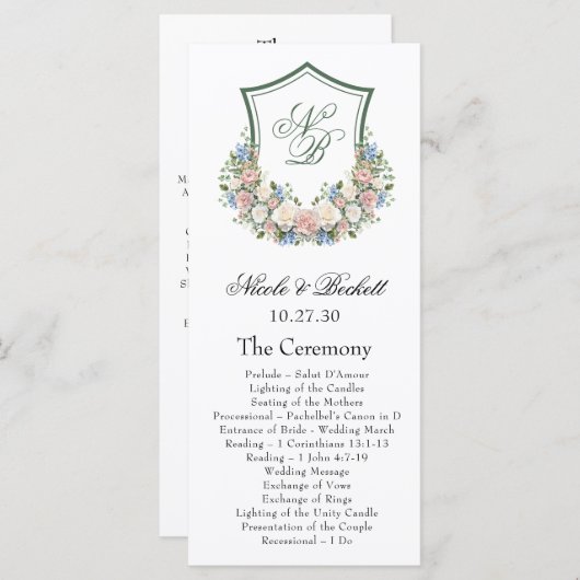 Dusty Blue Floral Crest Wedding Program Programmakaart (Voorkant / Achterkant)