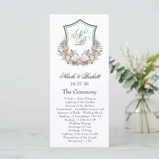 Dusty Blue Floral Crest Wedding Program Programmakaart (Staand voorkant)