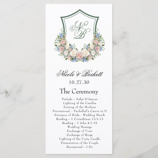 Dusty Blue Floral Crest Wedding Program Programmakaart (Voorkant)