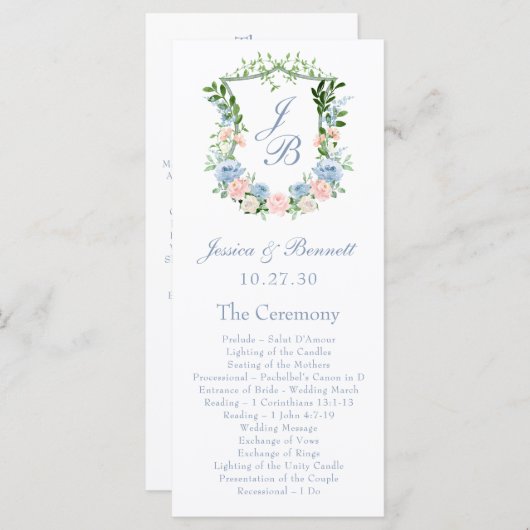 Dusty Blue Floral Crest Wedding Programmakaart (Voorkant / Achterkant)