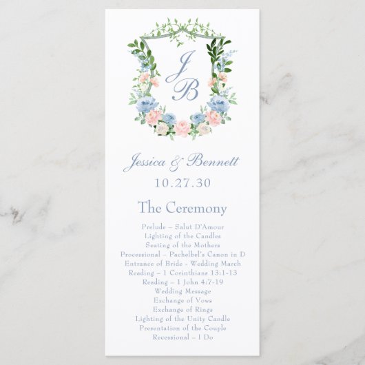 Dusty Blue Floral Crest Wedding Programmakaart (Voorkant)