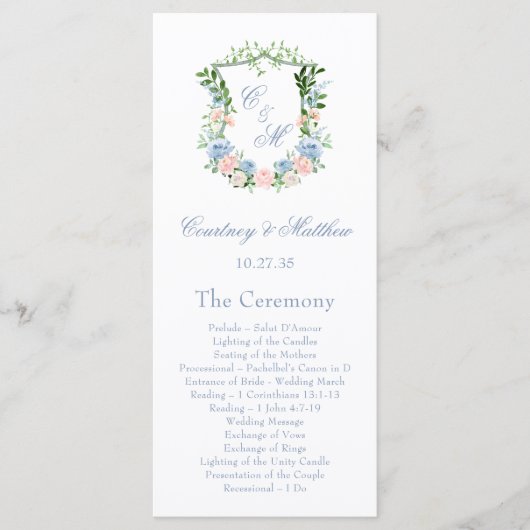 Dusty Blue Floral Crest Wedding Programmakaart (Voorkant)