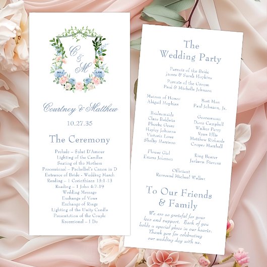 Dusty Blue Floral Crest Wedding Programmakaart