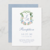 Dusty Blue Floral Crest Wedding Reception Informatiekaartje (Voorkant / Achterkant)