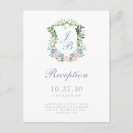 Dusty Blue Floral Crest Wedding Reception Informatiekaartje (Voorkant)